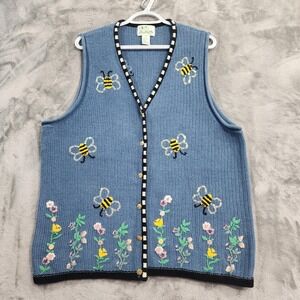 Vintage Quacker Factory Sweater Vest Women 1X Blue Bee Floral Sequin Embroidered